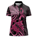Aotearoa Maori Women Polo Shirt Pink Fern Ribbons on Black - Aussie Hoodie