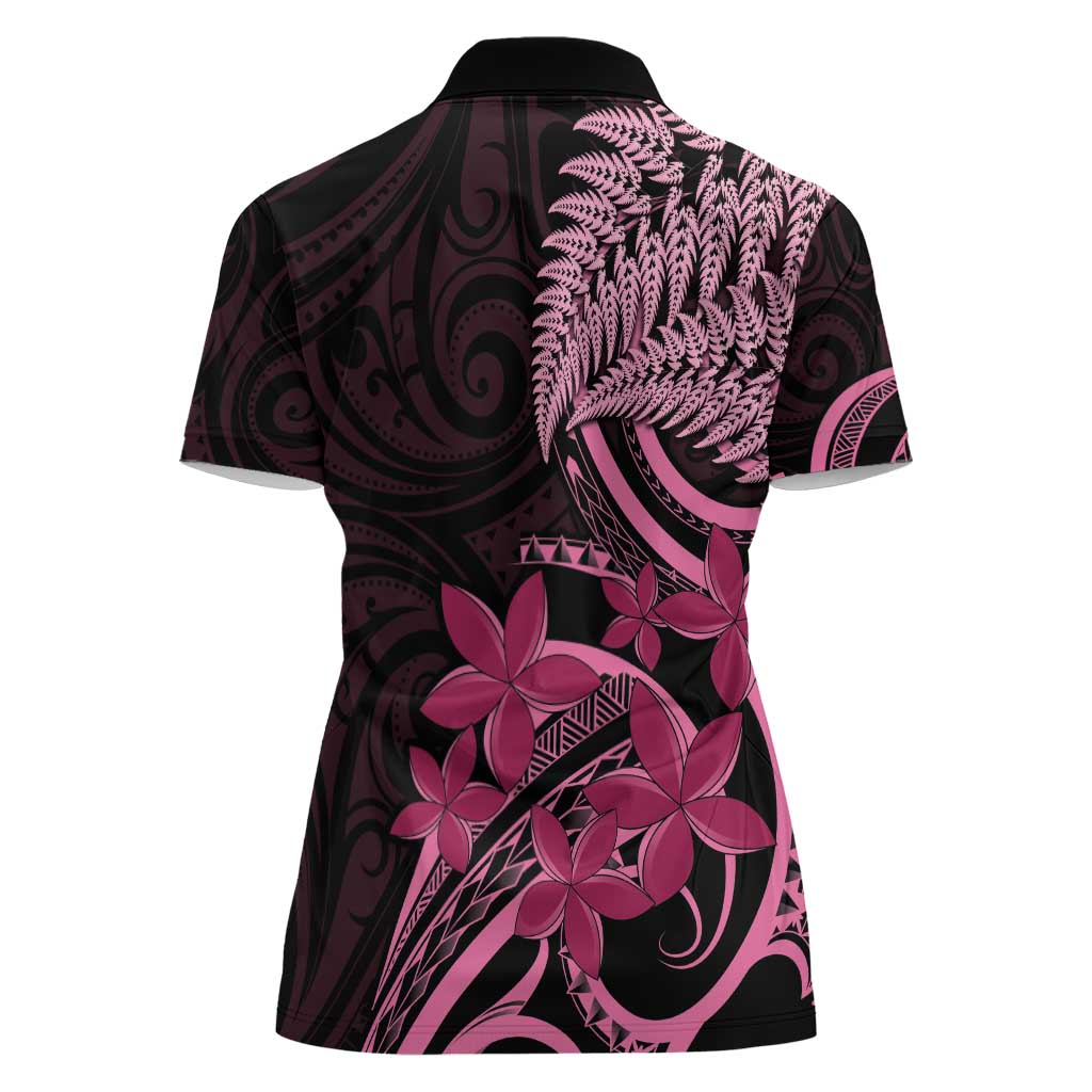 Aotearoa Maori Women Polo Shirt Pink Fern Ribbons on Black - Aussie Hoodie