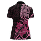 Aotearoa Maori Women Polo Shirt Pink Fern Ribbons on Black - Aussie Hoodie