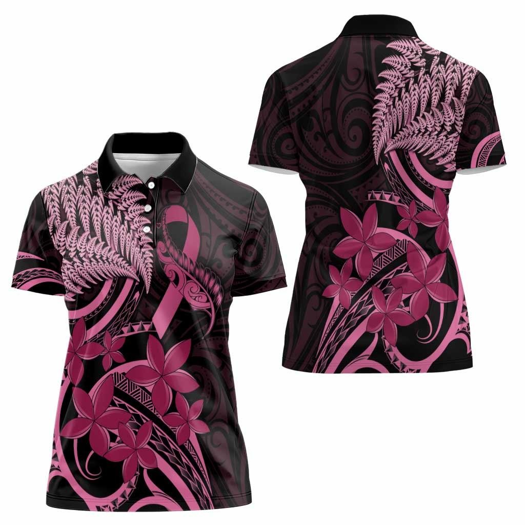 Aotearoa Maori Women Polo Shirt Pink Fern Ribbons on Black - Aussie Hoodie