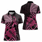 Aotearoa Maori Women Polo Shirt Pink Fern Ribbons on Black - Aussie Hoodie