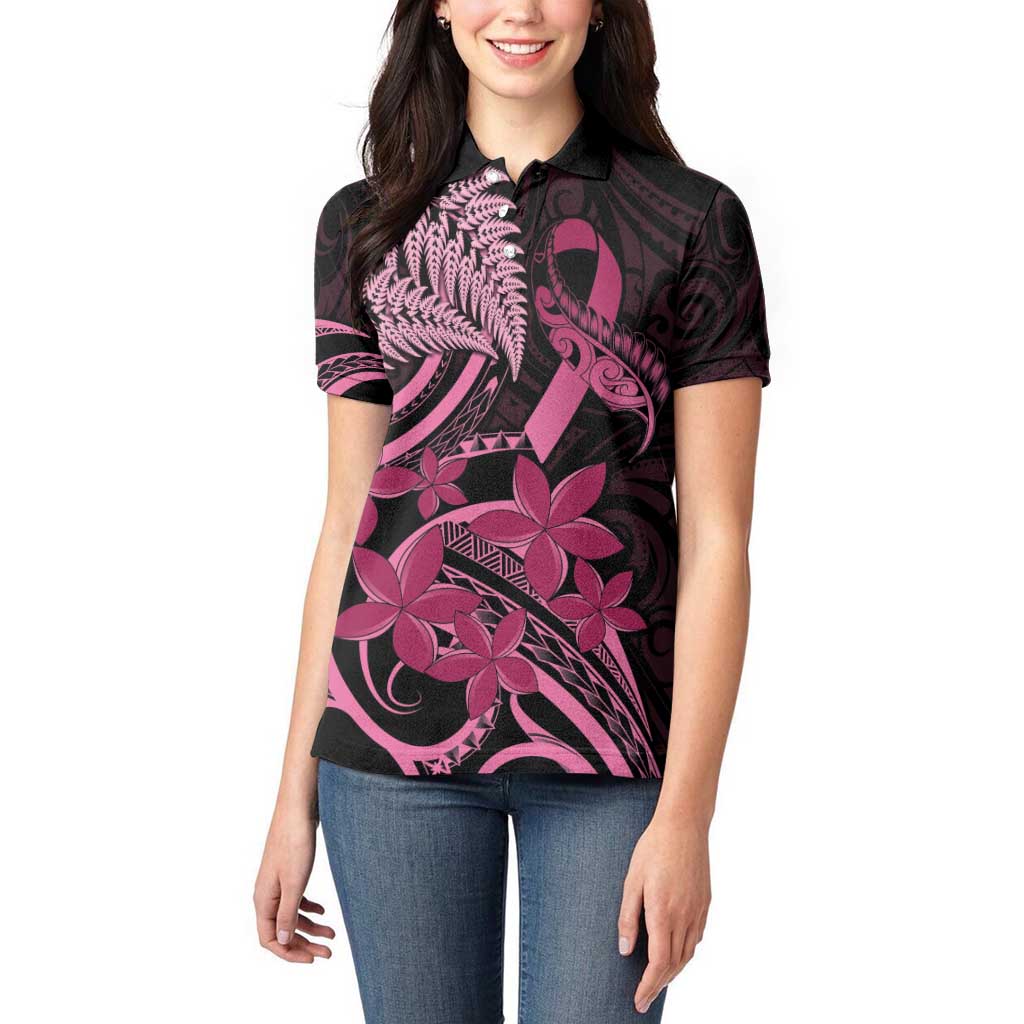 Aotearoa Maori Women Polo Shirt Pink Fern Ribbons on Black - Aussie Hoodie