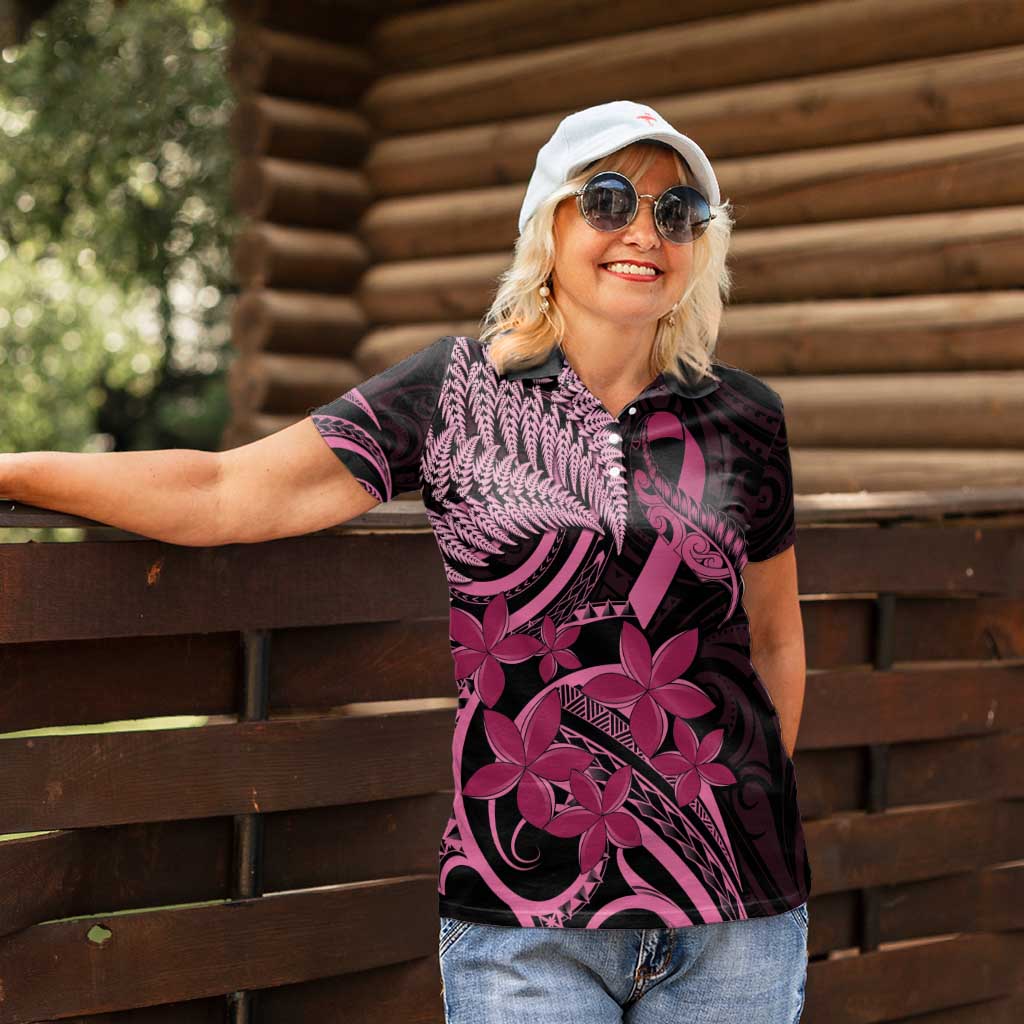 Aotearoa Maori Women Polo Shirt Pink Fern Ribbons on Black - Aussie Hoodie