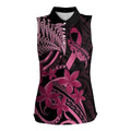 Aotearoa Maori Women Sleeveless Polo Shirt Pink Fern Ribbons on Black - Aussie Hoodie