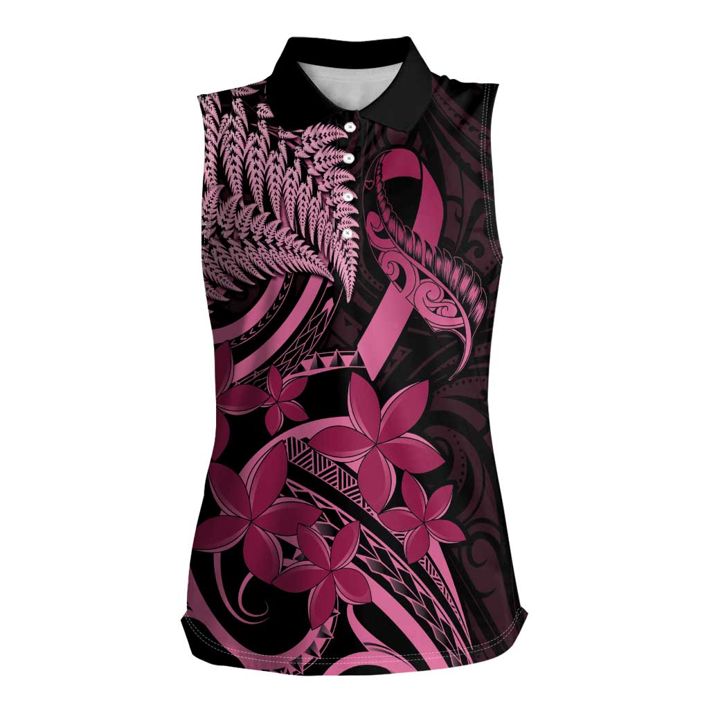Aotearoa Maori Women Sleeveless Polo Shirt Pink Fern Ribbons on Black - Aussie Hoodie