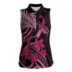 Aotearoa Maori Women Sleeveless Polo Shirt Pink Fern Ribbons on Black - Aussie Hoodie