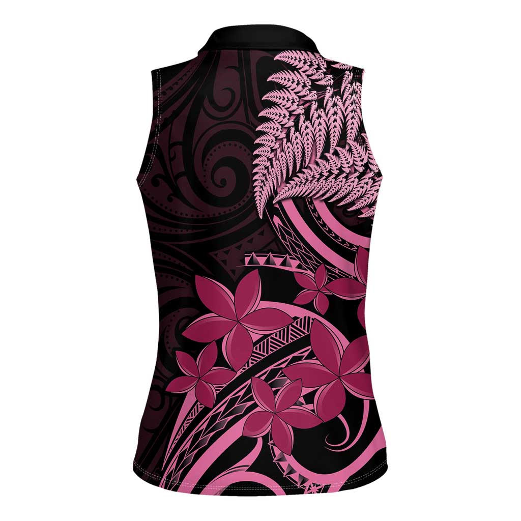 Aotearoa Maori Women Sleeveless Polo Shirt Pink Fern Ribbons on Black - Aussie Hoodie