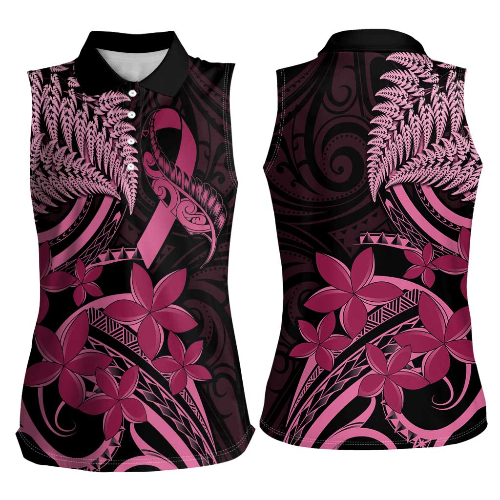 Aotearoa Maori Women Sleeveless Polo Shirt Pink Fern Ribbons on Black - Aussie Hoodie