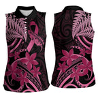 Aotearoa Maori Women Sleeveless Polo Shirt Pink Fern Ribbons on Black - Aussie Hoodie