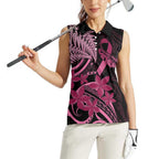 Aotearoa Maori Women Sleeveless Polo Shirt Pink Fern Ribbons on Black - Aussie Hoodie