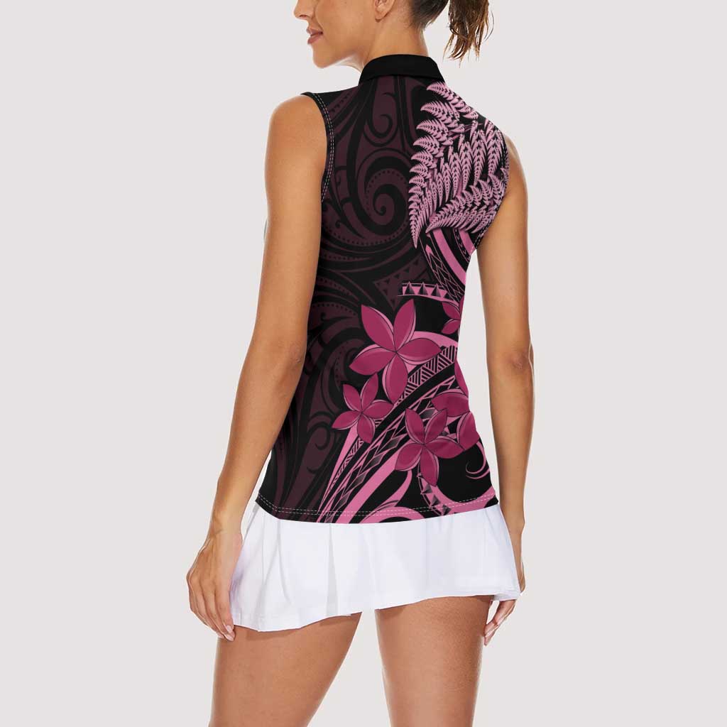 Aotearoa Maori Women Sleeveless Polo Shirt Pink Fern Ribbons on Black - Aussie Hoodie