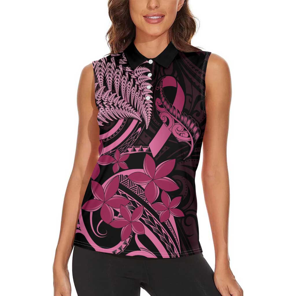 Aotearoa Maori Women Sleeveless Polo Shirt Pink Fern Ribbons on Black - Aussie Hoodie