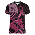 Aotearoa Maori Women V-Neck T-Shirt Pink Fern Ribbons on Black - Aussie Hoodie