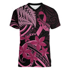 Aotearoa Maori Women V-Neck T-Shirt Pink Fern Ribbons on Black - Aussie Hoodie