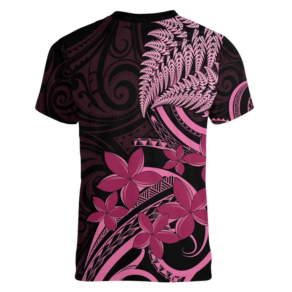 Aotearoa Maori Women V-Neck T-Shirt Pink Fern Ribbons on Black - Aussie Hoodie