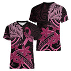 Aotearoa Maori Women V-Neck T-Shirt Pink Fern Ribbons on Black - Aussie Hoodie