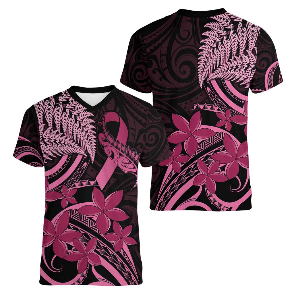 Aotearoa Maori Women V-Neck T-Shirt Pink Fern Ribbons on Black - Aussie Hoodie