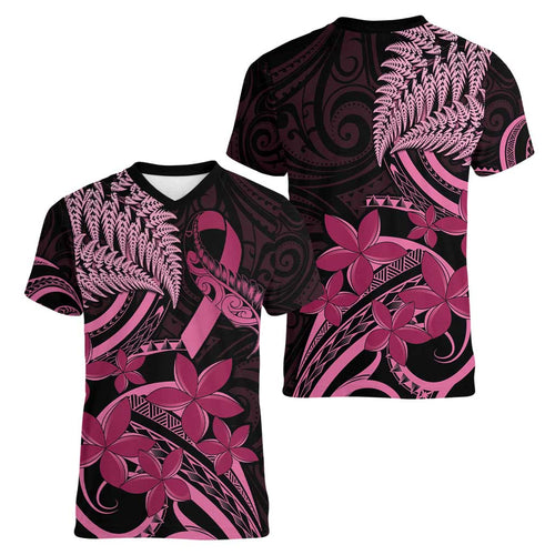 Aotearoa Maori Women V-Neck T-Shirt Pink Fern Ribbons on Black - Aussie Hoodie