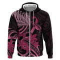 Aotearoa Maori Zip Hoodie Pink Fern Ribbons on Black - Aussie Hoodie