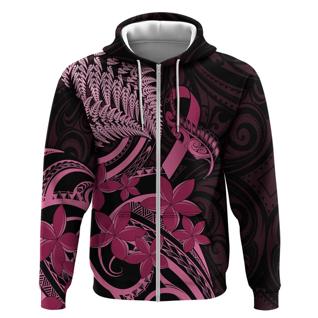 Aotearoa Maori Zip Hoodie Pink Fern Ribbons on Black - Aussie Hoodie