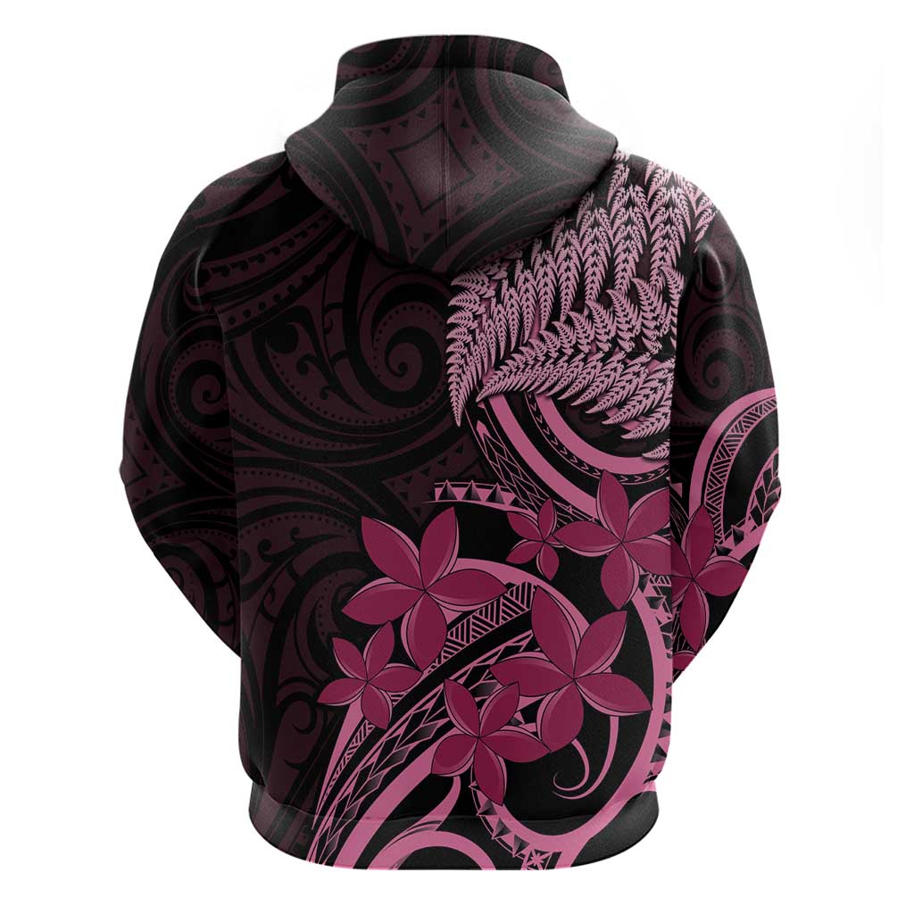 Aotearoa Maori Zip Hoodie Pink Fern Ribbons on Black - Aussie Hoodie