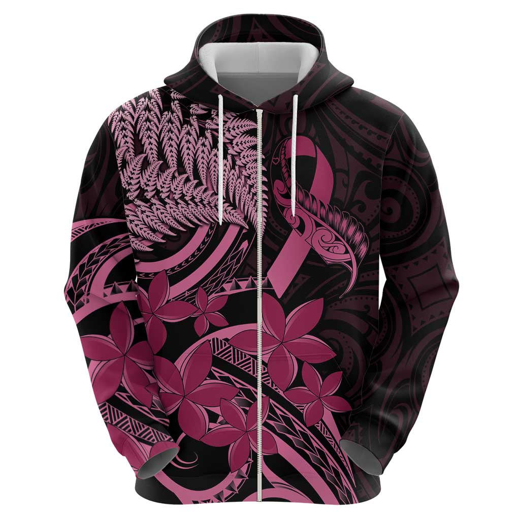 Aotearoa Maori Zip Hoodie Pink Fern Ribbons on Black - Aussie Hoodie