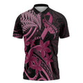 Aotearoa Maori Zipper Polo Shirt Pink Fern Ribbons on Black - Aussie Hoodie