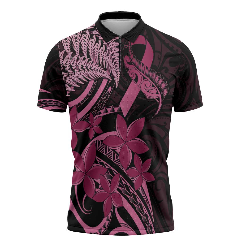 Aotearoa Maori Zipper Polo Shirt Pink Fern Ribbons on Black - Aussie Hoodie