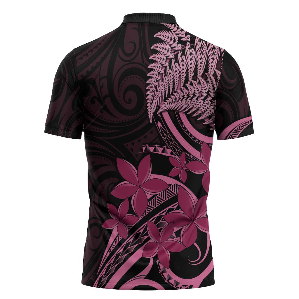 Aotearoa Maori Zipper Polo Shirt Pink Fern Ribbons on Black - Aussie Hoodie
