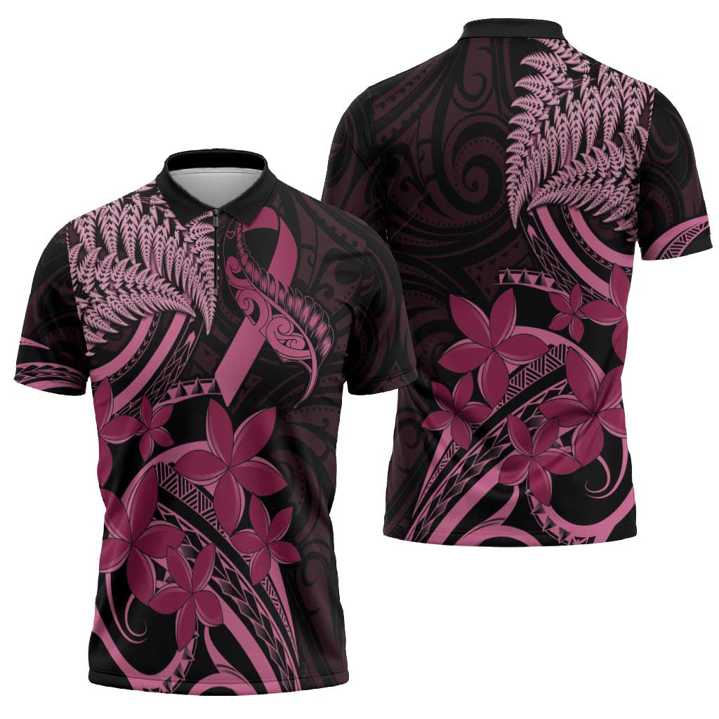 Aotearoa Maori Zipper Polo Shirt Pink Fern Ribbons on Black - Aussie Hoodie