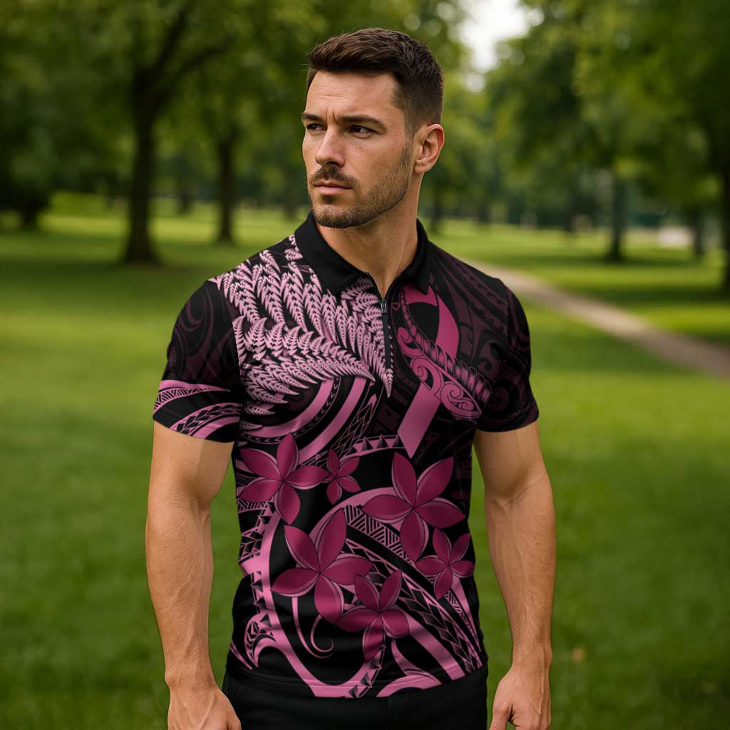 Aotearoa Maori Zipper Polo Shirt Pink Fern Ribbons on Black - Aussie Hoodie
