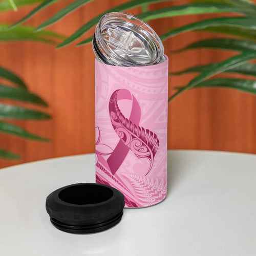 Aotearoa Maori 4 in 1 Can Cooler Tumbler Pink Fern Ribbons - Aussie Hoodie