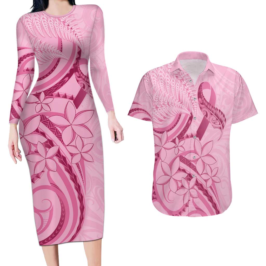 Aotearoa Maori Couples Matching Long Sleeve Bodycon Dress and Hawaiian Shirt Pink Fern Ribbons - Aussie Hoodie