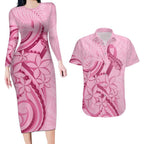 Aotearoa Maori Couples Matching Long Sleeve Bodycon Dress and Hawaiian Shirt Pink Fern Ribbons - Aussie Hoodie