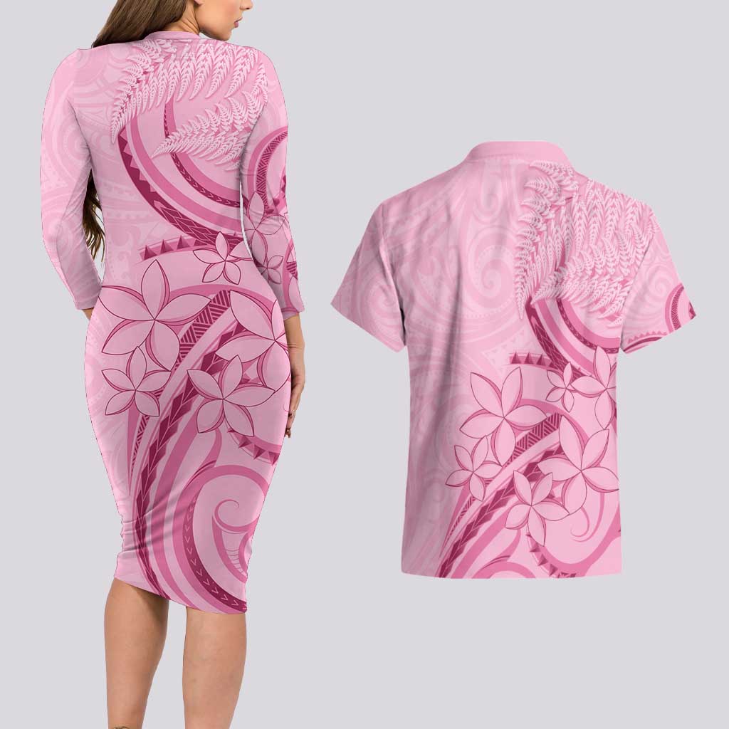 Aotearoa Maori Couples Matching Long Sleeve Bodycon Dress and Hawaiian Shirt Pink Fern Ribbons - Aussie Hoodie