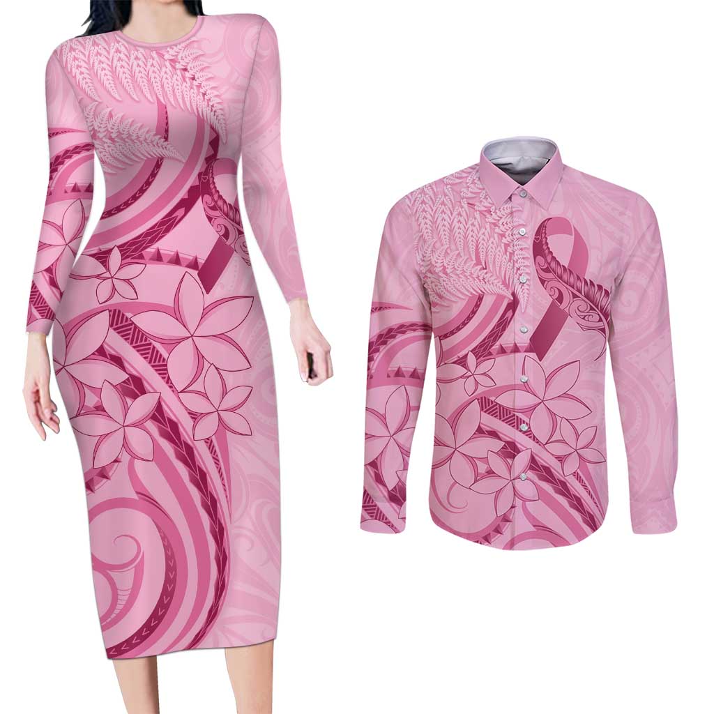 Aotearoa Maori Couples Matching Long Sleeve Bodycon Dress and Long Sleeve Button Shirt Pink Fern Ribbons - Aussie Hoodie