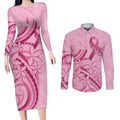 Aotearoa Maori Couples Matching Long Sleeve Bodycon Dress and Long Sleeve Button Shirt Pink Fern Ribbons - Aussie Hoodie