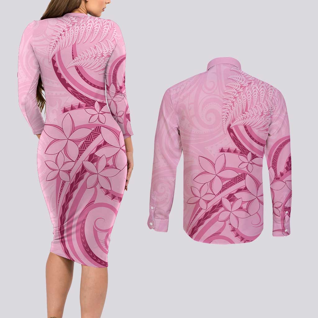 Aotearoa Maori Couples Matching Long Sleeve Bodycon Dress and Long Sleeve Button Shirt Pink Fern Ribbons - Aussie Hoodie