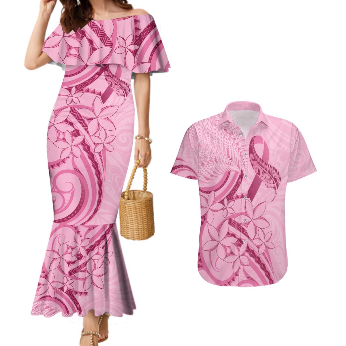 Aotearoa Maori Couples Matching Mermaid Dress and Hawaiian Shirt Pink Fern Ribbons - Aussie Hoodie