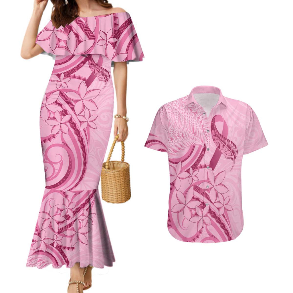 Aotearoa Maori Couples Matching Mermaid Dress and Hawaiian Shirt Pink Fern Ribbons - Aussie Hoodie