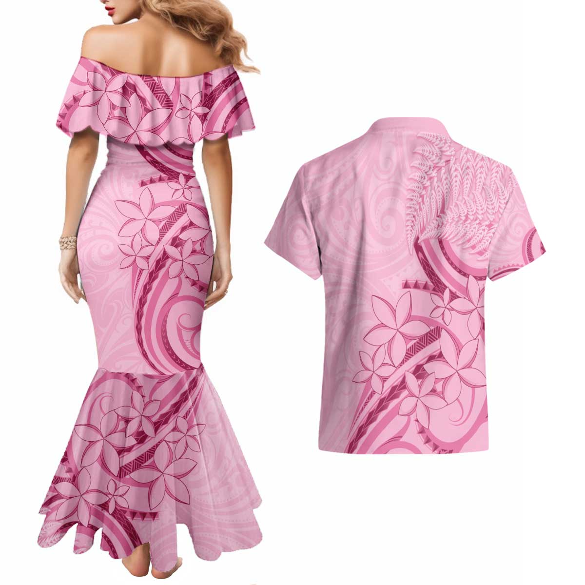 Aotearoa Maori Couples Matching Mermaid Dress and Hawaiian Shirt Pink Fern Ribbons - Aussie Hoodie