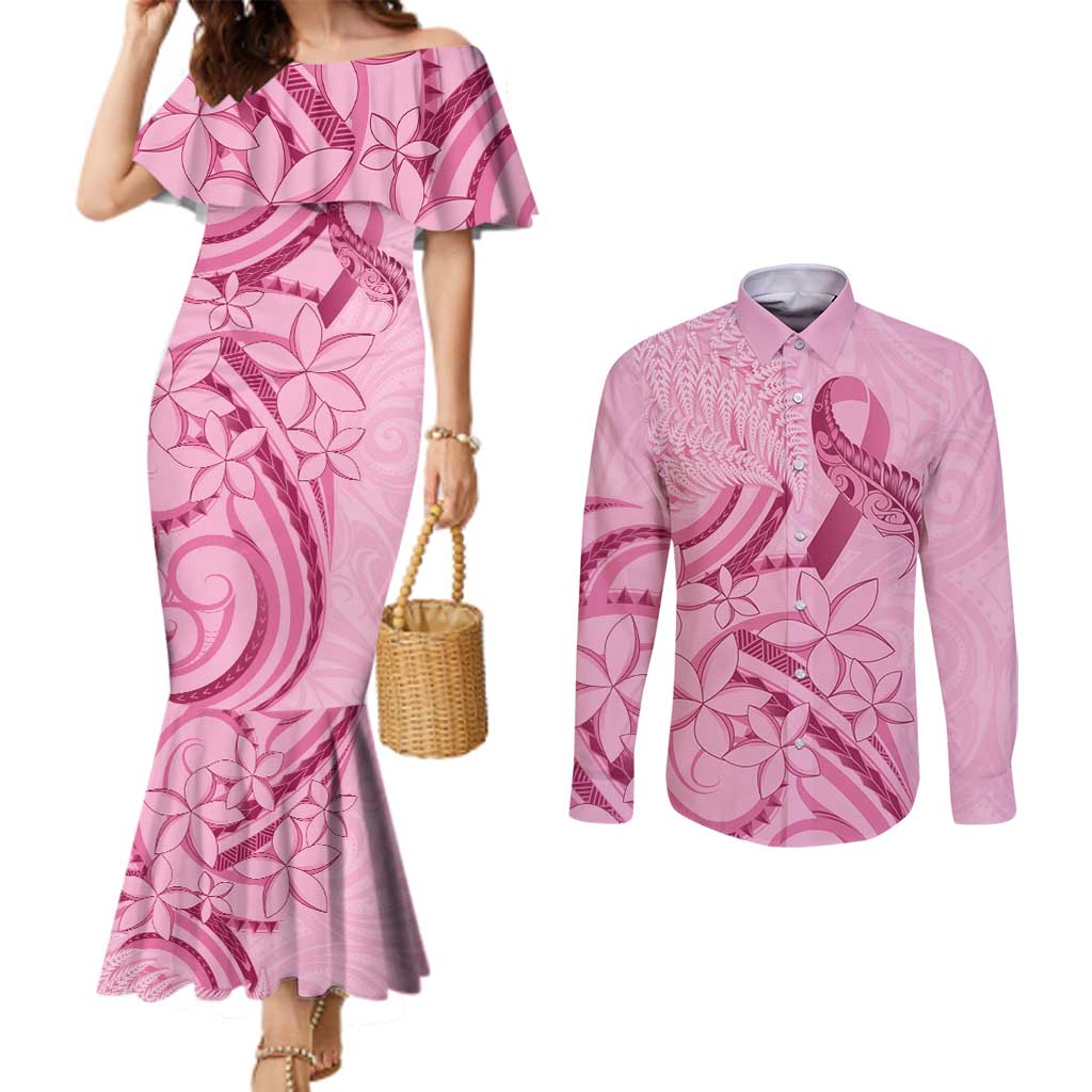 Aotearoa Maori Couples Matching Mermaid Dress and Long Sleeve Button Shirt Pink Fern Ribbons - Aussie Hoodie