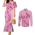 Aotearoa Maori Couples Matching Mermaid Dress and Long Sleeve Button Shirt Pink Fern Ribbons - Aussie Hoodie