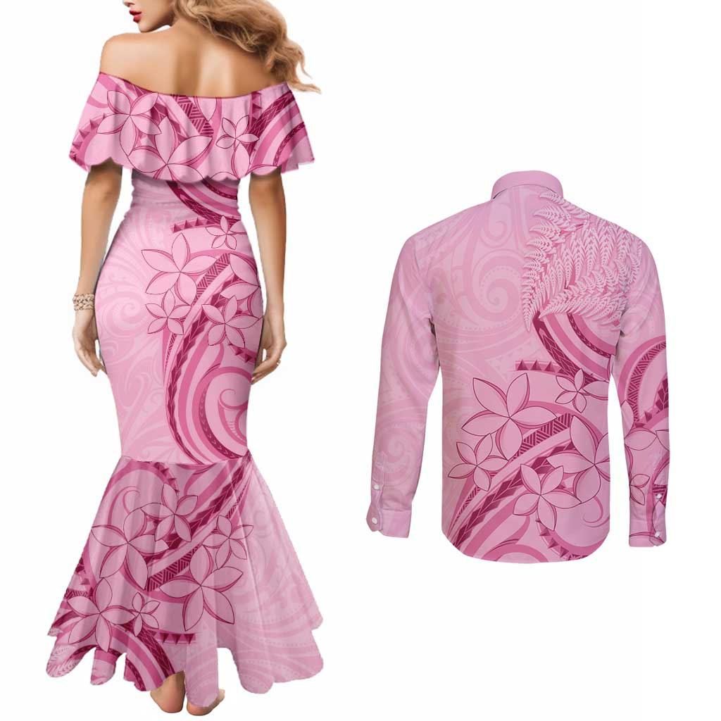 Aotearoa Maori Couples Matching Mermaid Dress and Long Sleeve Button Shirt Pink Fern Ribbons - Aussie Hoodie