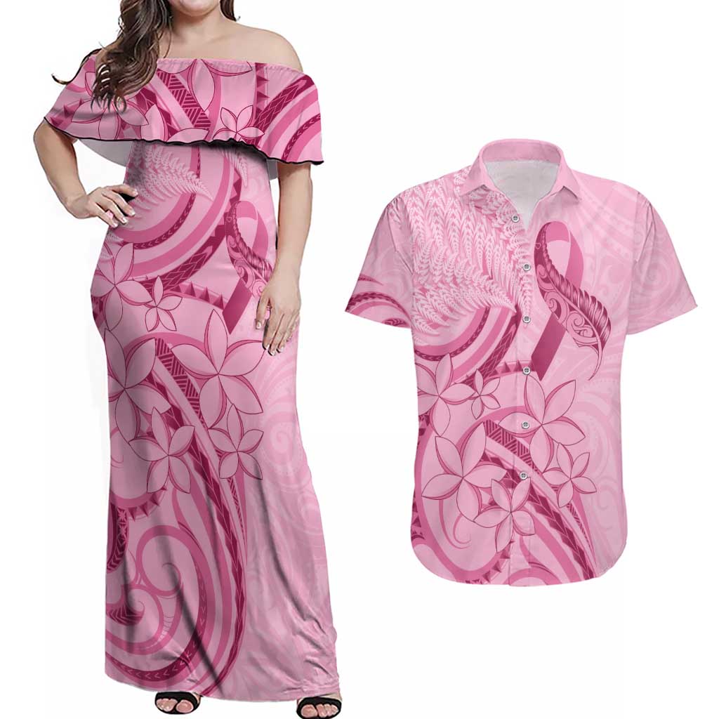 Aotearoa Maori Couples Matching Off Shoulder Maxi Dress and Hawaiian Shirt Pink Fern Ribbons - Aussie Hoodie