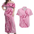 Aotearoa Maori Couples Matching Off Shoulder Maxi Dress and Hawaiian Shirt Pink Fern Ribbons - Aussie Hoodie