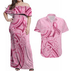 Aotearoa Maori Couples Matching Off Shoulder Maxi Dress and Hawaiian Shirt Pink Fern Ribbons - Aussie Hoodie