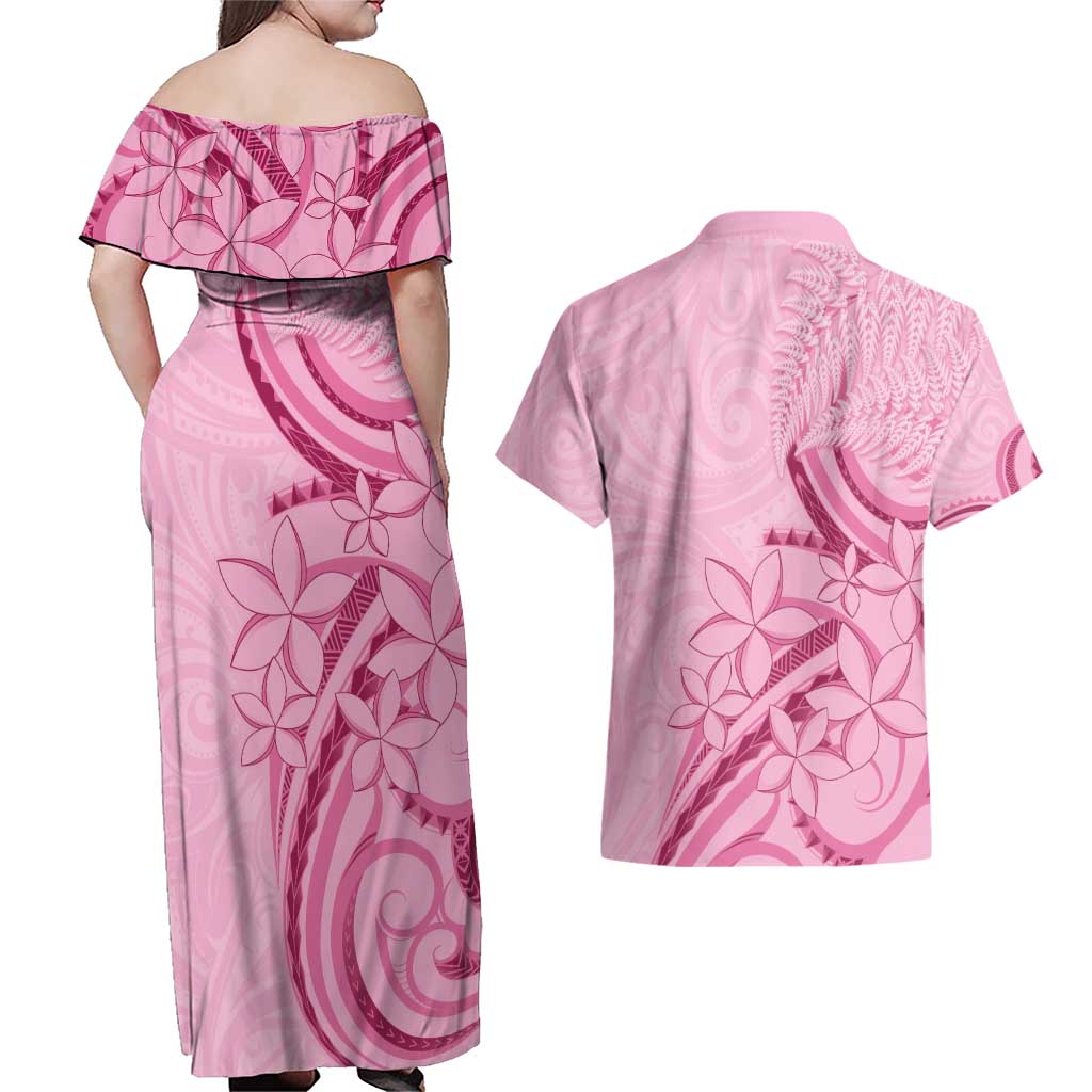 Aotearoa Maori Couples Matching Off Shoulder Maxi Dress and Hawaiian Shirt Pink Fern Ribbons - Aussie Hoodie
