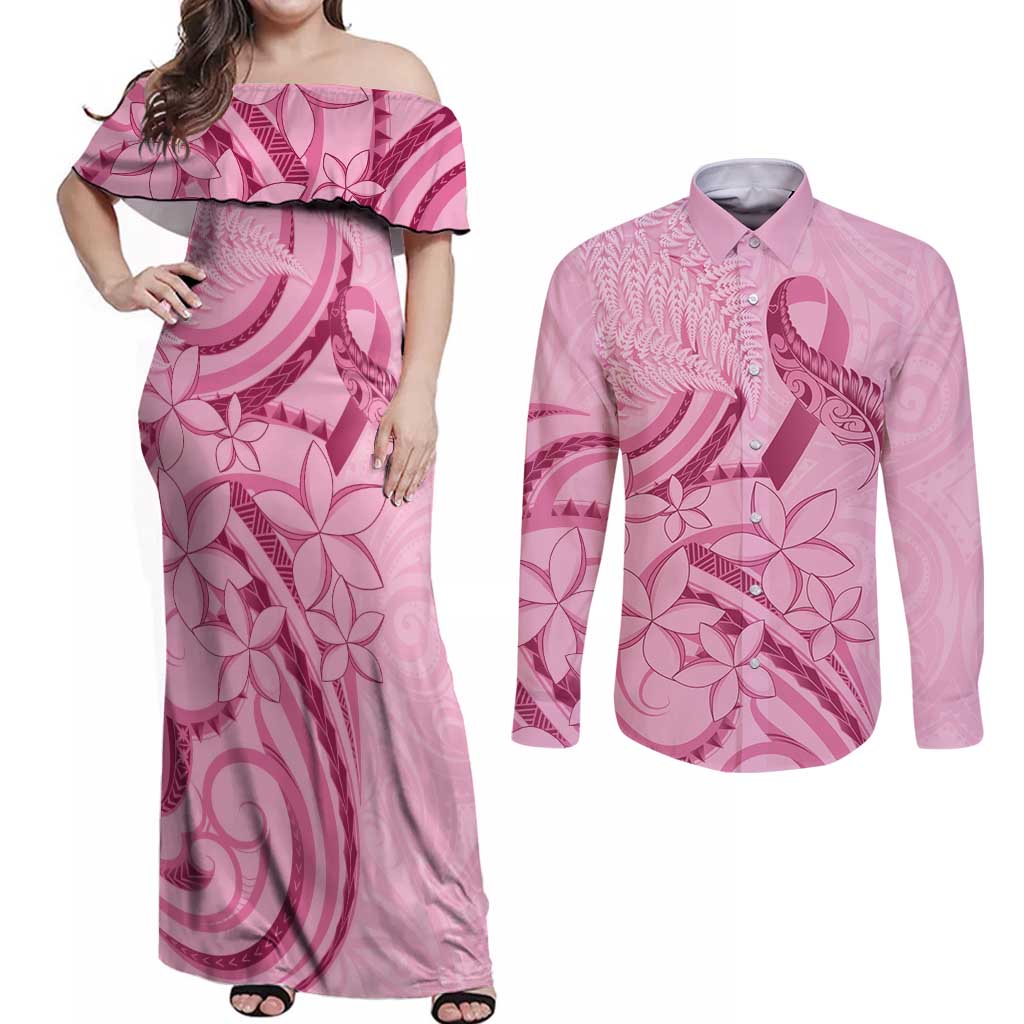 Aotearoa Maori Couples Matching Off Shoulder Maxi Dress and Long Sleeve Button Shirt Pink Fern Ribbons - Aussie Hoodie