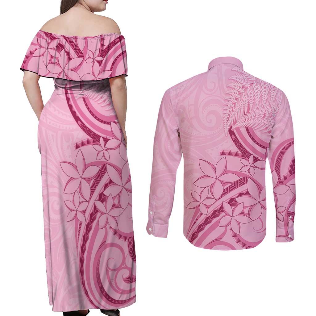 Aotearoa Maori Couples Matching Off Shoulder Maxi Dress and Long Sleeve Button Shirt Pink Fern Ribbons - Aussie Hoodie
